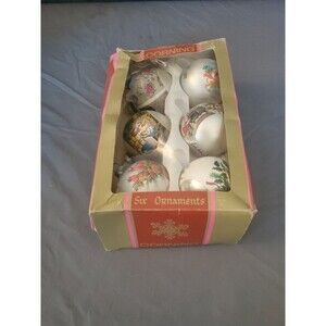 Vintage Corning Glass Christmas Ornaments Mouse  Scenes Set of 6 in Box